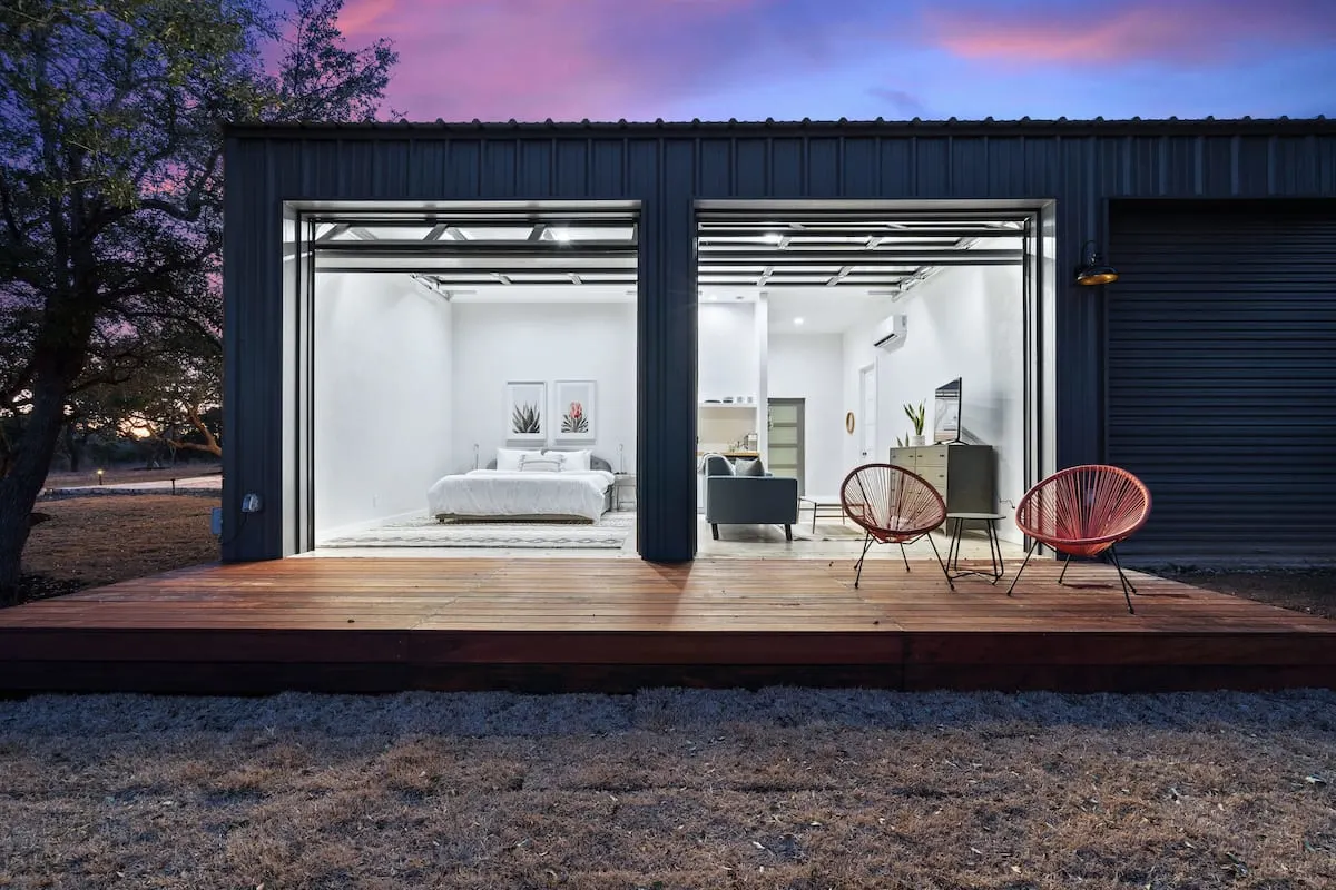 large open airbnb with garage doors