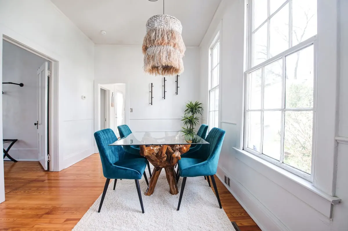 dining room table with cool chandelier